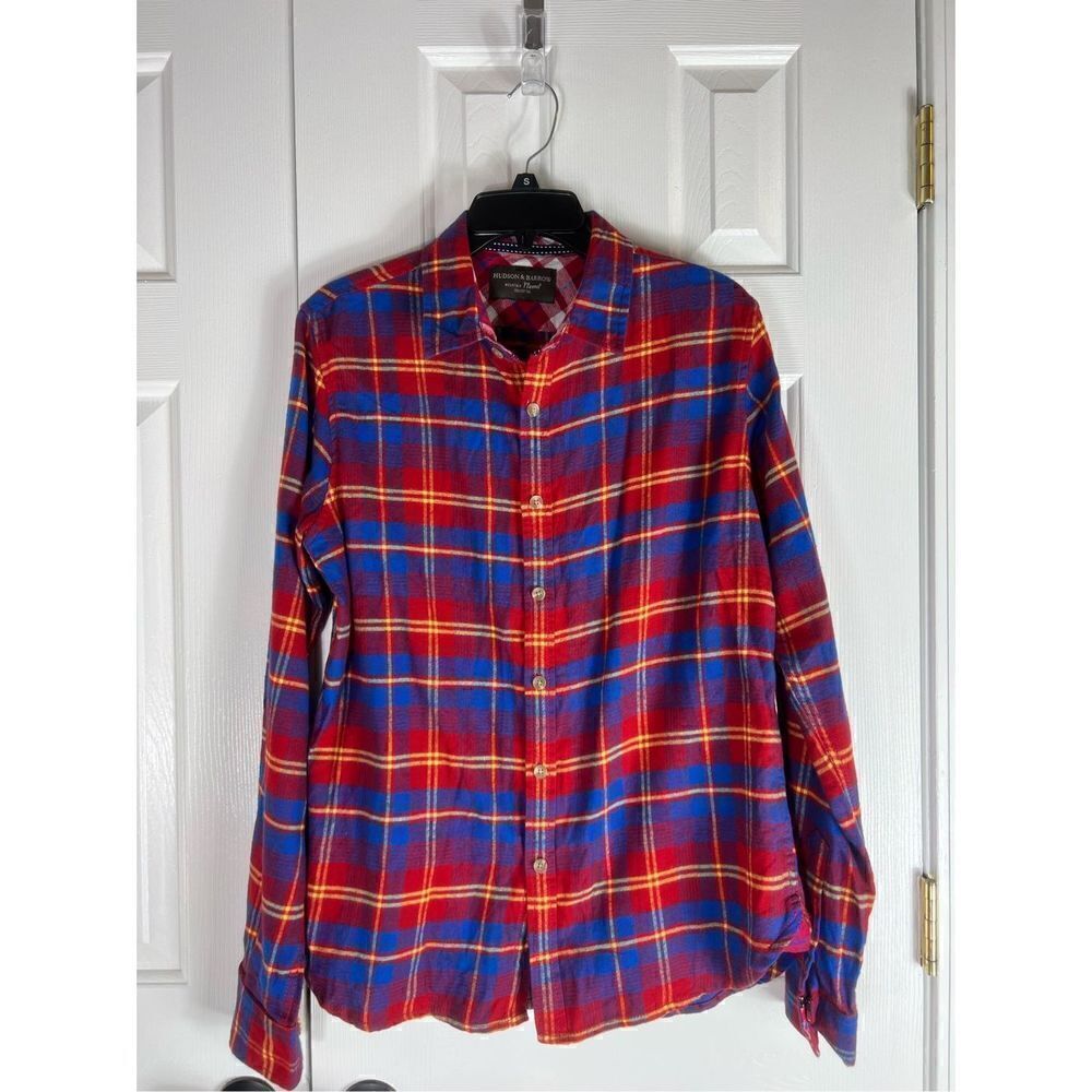 NWT Hudson & Barrow Mens Mountain Flannel Plaid Button Up Shirt Size L